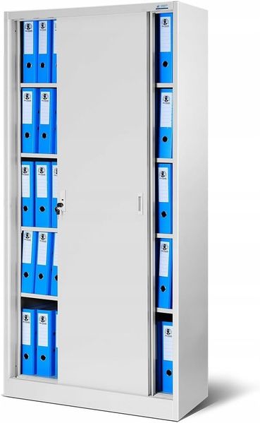 Aktenschrank Büroschrank mit Schiebetüren Metall 4 Fachböden Pulverbeschichtung Abschließbar 185 x 90 x 40 cm (Grau)