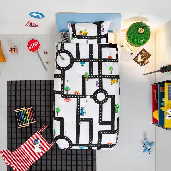 Snurk Bettwäsche Lehmverkehr Bunt Weiss Autos Spielstrasse Bäume Kinder Perkal 135x200 cm