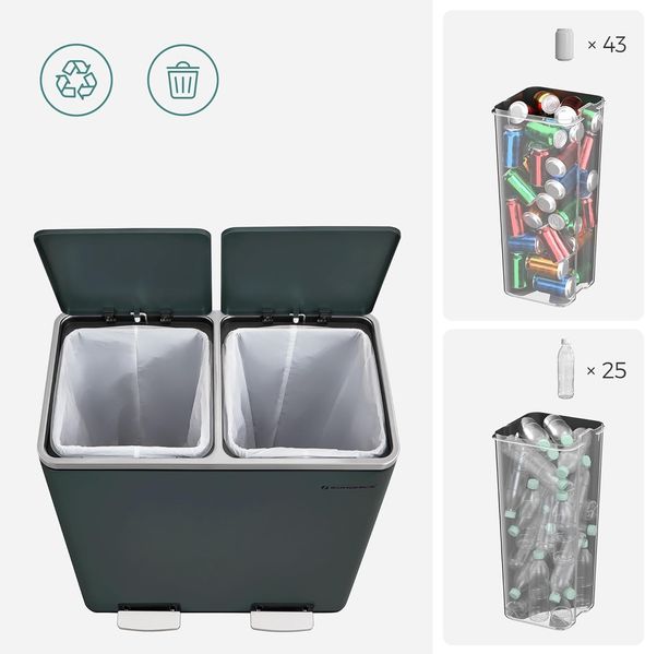 Songmics Mülleimer mit 2 Fächern und Softclose, luftdicht inkl. Müllbeutel, Metall, 60 (2x30) Liter, Rauchgrau Bild 6
