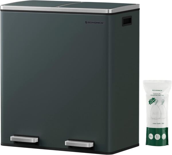 Songmics Mülleimer mit 2 Fächern und Softclose, luftdicht inkl. Müllbeutel, Metall, 60 (2x30) Liter, Rauchgrau