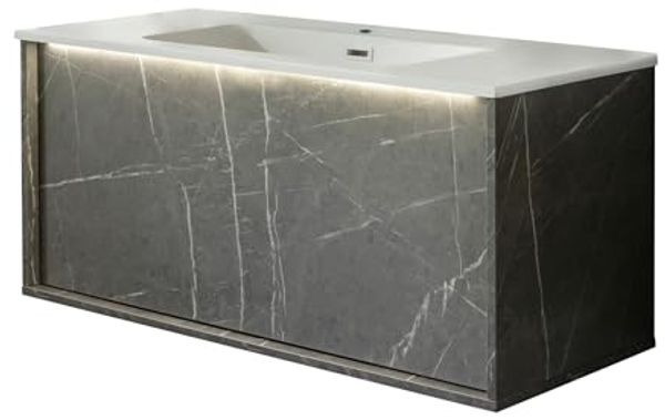 LANZET DUNE Waschbecken mit Unterschrank 101 cm breit, Marmor Grau, Waschbecken Gussmarmor Weiß, inkl. LED-Beleuchtung