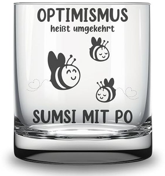Lasernauten Whiskyglas Glas mit Gravur "Optimismus - Sumsi mit Po" lustiges Geschenk Bienchen, mit Gravur