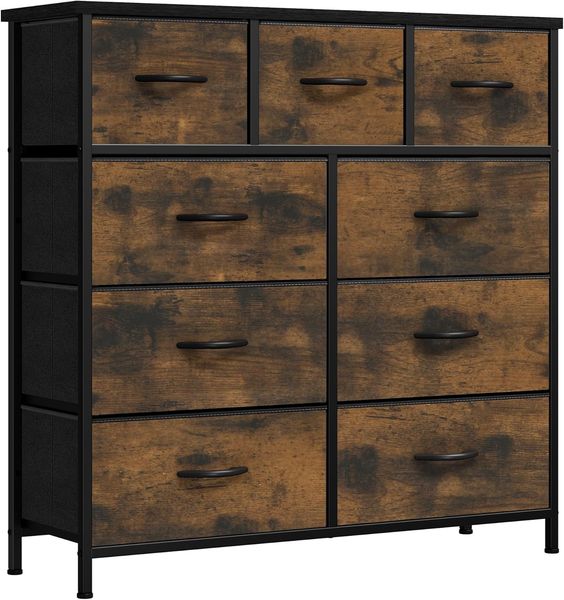 YITAHOME Kommode, 9 Stoffschubladen mit Griffen, Aufbewahrungsschrank stoffkommode für Schlafzimmer, für Wohnzimmer, Flur, Büro, rustikal braun