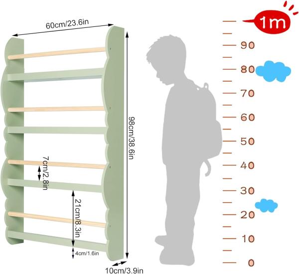 WOLTU Kinder Bücherregal Wandregal, Bücher-Organizer mit 4 Ablagen, Kinderregal für Buchaufbewahrung, aus Kiefernholz E1 MDF, für Kinderzimmer Spielzimmer, Grün Bild 3