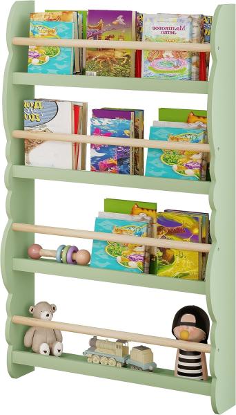 WOLTU Kinder Bücherregal Wandregal, Bücher-Organizer mit 4 Ablagen, Kinderregal für Buchaufbewahrung, aus Kiefernholz E1 MDF, für Kinderzimmer Spielzimmer, Grün Bild 6