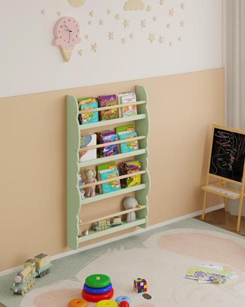 WOLTU Kinder Bücherregal Wandregal, Bücher-Organizer mit 4 Ablagen, Kinderregal für Buchaufbewahrung, aus Kiefernholz E1 MDF, für Kinderzimmer Spielzimmer, Grün Bild 7