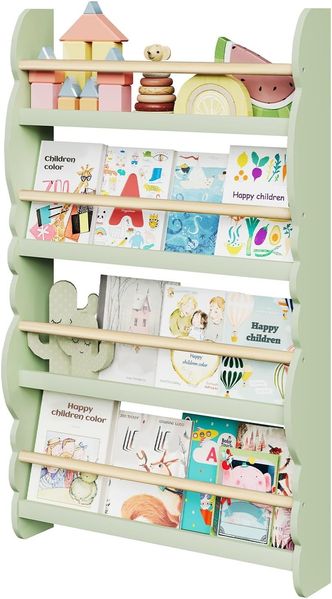 WOLTU Kinder Bücherregal Wandregal, Bücher-Organizer mit 4 Ablagen, Kinderregal für Buchaufbewahrung, aus Kiefernholz E1 MDF, für Kinderzimmer Spielzimmer, Grün