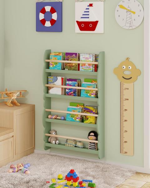 WOLTU Kinder Bücherregal Wandregal, Bücher-Organizer mit 4 Ablagen, Kinderregal für Buchaufbewahrung, aus Kiefernholz E1 MDF, für Kinderzimmer Spielzimmer, Grün Bild 2