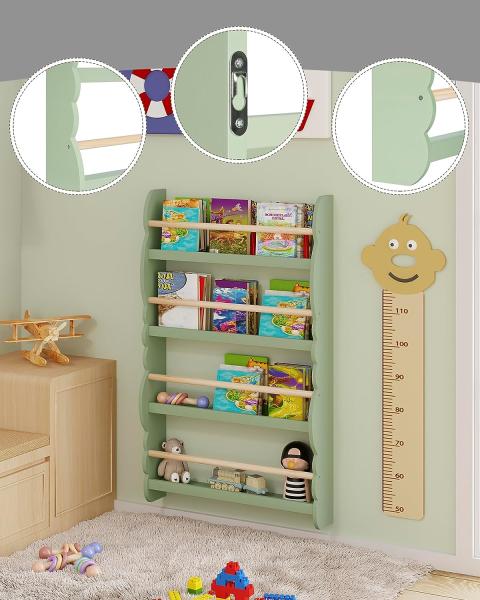 WOLTU Kinder Bücherregal Wandregal, Bücher-Organizer mit 4 Ablagen, Kinderregal für Buchaufbewahrung, aus Kiefernholz E1 MDF, für Kinderzimmer Spielzimmer, Grün Bild 4