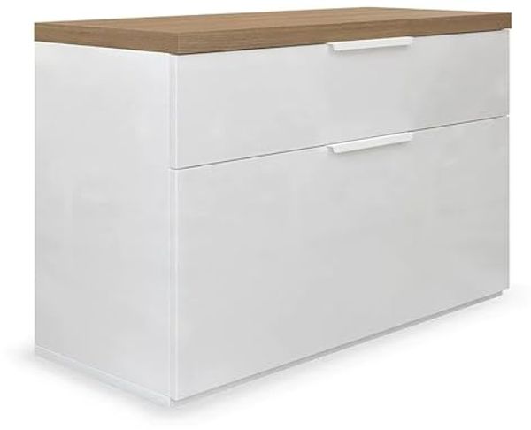 Composad | Schuhschrank mit 1 Schublade und 1 Klappe, Bank und Aufbewahrungsbox, für Eingang, (BxHxT) 82,3 x 53 x 35,2 cm, Farbe Weiß lackiert und Eiche Honiggrau, hergestellt in Italien