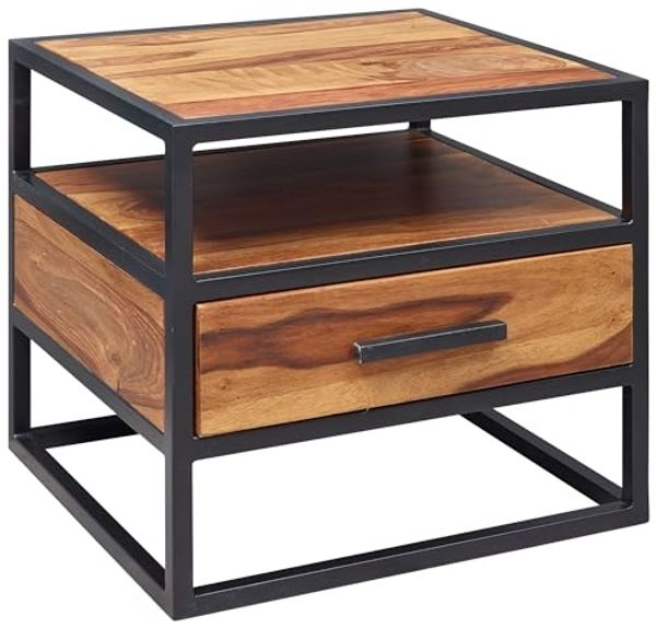 Nachtkonsole FB51418 Sheesham Holz 50 x 45 x 45 cm Metall schwarz Nachttisch | Nachtkästchen mit Schublade Industrial Design | Industrie Nachtkommode Bett | Nachtschrank Nachtkasten braun