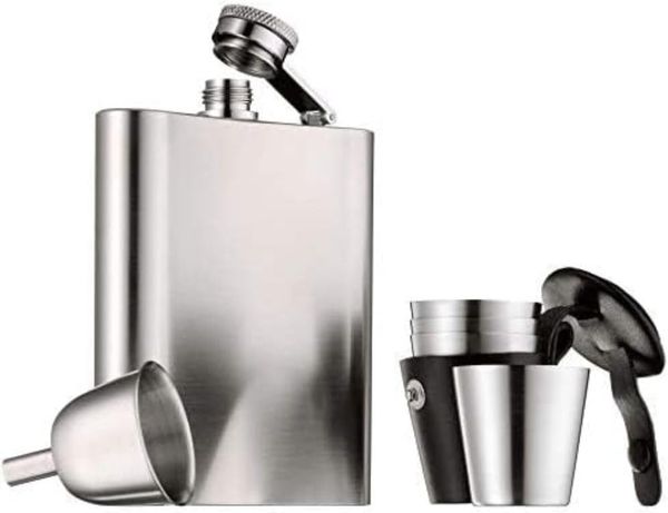 WMF Flachmann Manhattan, Trichter, Stamper im Lederetui, Cromargan Edelstahl mattiert