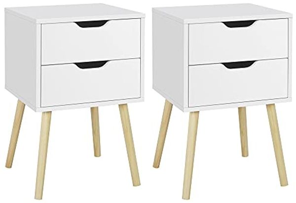 Yaheetech 2er Set Nachttisch Nachtschrank Nachtkommode mit 2 Schubladen Schlichter Beistselltisch Beine aus Massivholz Sofatisch für Schlafzimmer/Wohnzimme, 40 × 40 × 61 cm