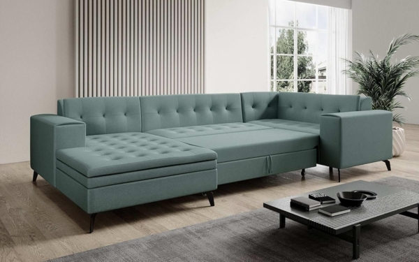 Designer Sofa Neola mit Schlaffunktion Stoff Grün Links Bild 3
