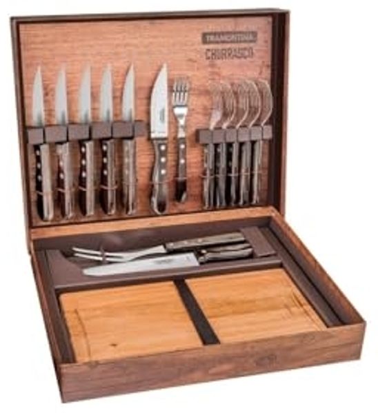 Tramontina 'Jumbo' Grillbesteck-Set mit Koffer, 15-teilig, Edelstahl silber / Holz natur