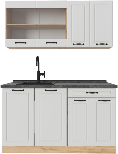 Singleküche R-Line Weiß Landhaus/Goldkraft Eiche 140 cm , AP Anthrazit Vicco