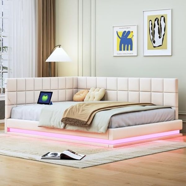 Ball & Cast Polsterbett (140x200 cm) Schlafsofa mit USB-Anschlüssen und Weichen Schutzkanten, Aus Hautsympathischem Stoff Doppelbett, Beige