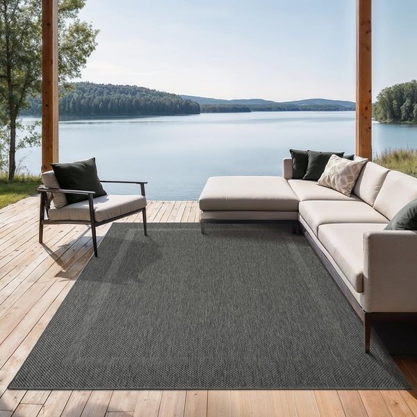 the carpet Mistra - robuster Teppich, modern, langlebig und pflegeleicht, In- und Outdoor, Wohnzimmer, ideal für Küche, Flur und Wintergarten, flachgewebt, Bordüre, Anthrazit, 80x200 cm