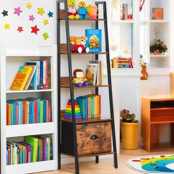 FurnitureR Regale für Kinderzimmer, Regal mit 5 Ebenen, mit Schubladen aus Vlies, für Bücher und Spielzeug, Display und Buchorganizer, für Schlafzimmer, Leseecke, 42 x 29 x 141 cm