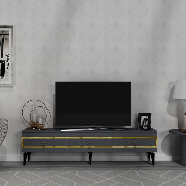 Hanah Home Stylish TV Stand, Anthracite & Gold, 180 x 44.6 x 29.6 cm | 100% Melamine Coated Particle Board, 18 mm Thick | Modern Design for Living Room & Entertainment