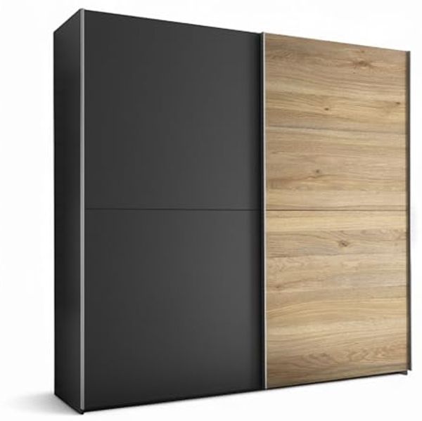 Stella Trading Melton Kleiderschrank in Graphit, Mauvella Oak Optik - Vielseitiger Schwebetürenschrank 2-türig für Ihr Schlafzimmer - 215 x 210 x 60 cm (B/H/T)