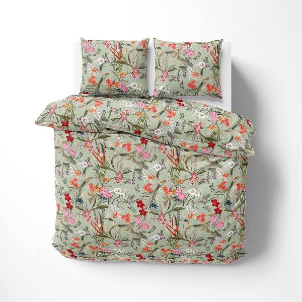 Mako Satin Bettwäsche Tropical Flowers mint 135x200 + 80x80