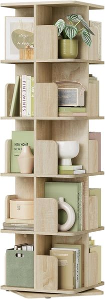 EUGAD drehbares Bücherregal, offener Bücherschrank mit 5 Ebenen, 360° Drehregal Standregal, drehbares Regal Bücher, 40 x 155 x 40 cm, Helle Eiche