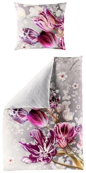 JACK Wendebettwäsche 135x200cm Tulpen in Lila und Silber, Mako-Satin, 2 teilig, hochwertiger Digitaldruck mit illustrierten Tulpen, Baumwolle