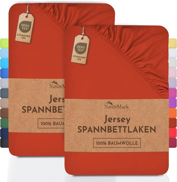 NatureMark 2er Pack Jersey Spannbettlaken, Spannbetttuch 100% Baumwolle in vielen Größen und Farben MARKENQUALITÄT ÖKOTEX Standard 100 | 120x200 cm - rost rot