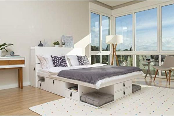 Funktionsbett Bali 160x200 Weiss - Schrankbett mit viel Stauraum u. Schubladen, optimal für kleine Schlafzimmer - Bett mit Aufbewahrung aus MDF Weiss lackiert – Schubladenbett inkl Lattenrost