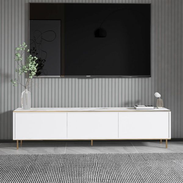 Hanah Home Elegant TV Stand with Wall-Mount Option, White Marble & Gold, 180 cm | 100% Melamine Coated Particle Board, 18 mm Thick | Multiple Shelves for Modern Living Rooms