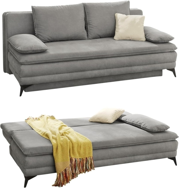 Dauer-Schlafsofa 202 cm Couch Topper Bettkasten Wellenunterfederung in Hellgrau