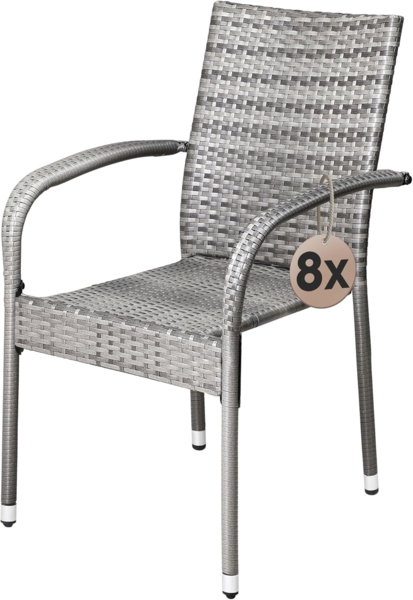 CASARIA 8-tlg. Gartenstuhl-Set, stapelbar & wetterfest, Polyrattan mit Armlehne, bis 160 kg belastbar, Grau