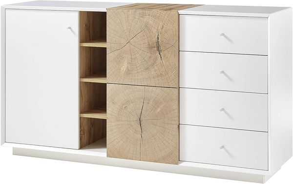 Robas Lund Sideboard weiß matt, Wohnzimmerschrank mit Absetzung Eiche Hirnholzoptik, BxHxT 152 x 83 x 40 cm