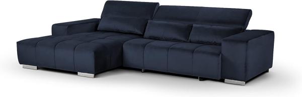 Mivano Eckcouch Orion / Großes Ecksofa mit XL-Recamiere inkl. Relaxfunktion, Kopfteilfunktion und Kissen / 307 x 73 x 186 / Velours, Blau