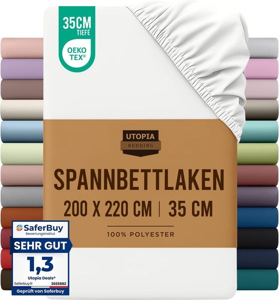 Utopia Bedding - Spannbettlaken 200x220 cm - Weiß - Gebürstete Mikrofaser Spannbetttuch - 35 cm Tiefe Tasche