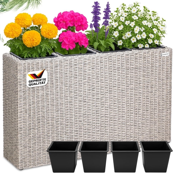 Casaria Pflanzkübel, 4 Innentöpfe Herausnehmbar Polyrattan 95x27x60cm Blumentopf Creme