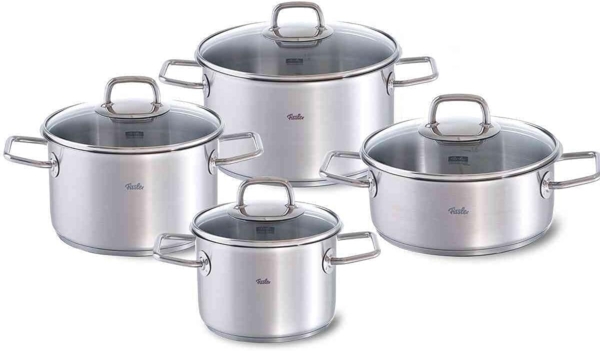 Fissler Topf-Set Viseo Topf-Set, Edelstahl 18/10 (Set, 8-tlg, 1x Bratentopf 20 cm, je 1x Kochtopf 16/20/24 cm), Induktionsgeeignet, Mess-Skala, Made in Germany