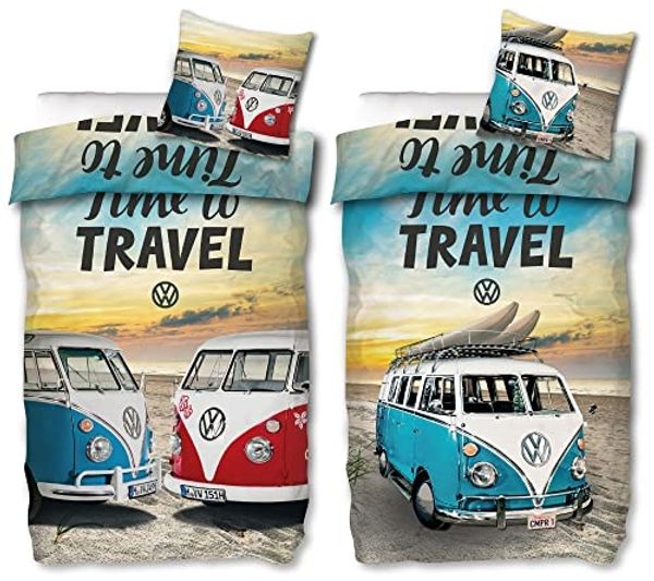 BERONAGE Wendebettwäsche VW Volkswagen Bulli Time To Travel Bettwäsche Linon / Renforcé 186, 100% Baumwolle, 2 teilig, 135x200 + 80x80 cm
