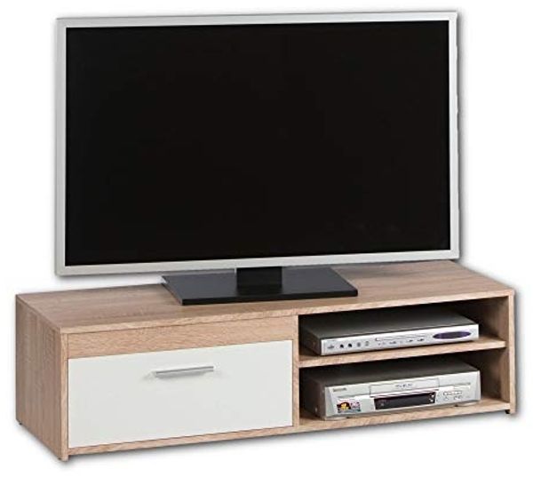Stella Trading Gemma Lowboard in Eiche Sonoma Optik, Weiß-Schlichtes TV-Board mit viel Stauraum für Ihr Wohnzimmer, 120 x 32 x 38 cm