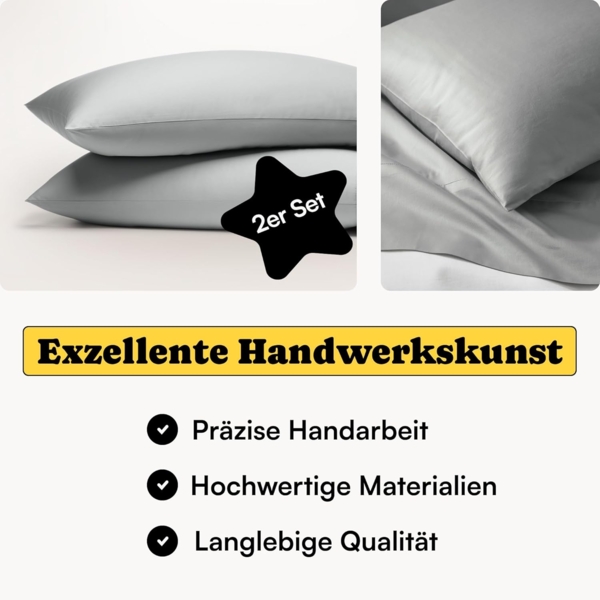 Seralino Seitenschläferkissenbezug Mako Satin Kissenbezug (100% Bio Baumwolle) weich, hautfreundlich, (2 Stück), Fairtrade/ GOTS zertifizierte uni Kissenhülle mit Reißverschluss Bild 2