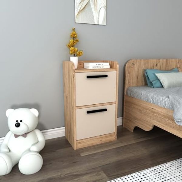Hanah Home Elegant Nightstand, Atlantic Pine & Beige, 45 x 79.4 x 29.6 cm | 100% Melamine Coated Particle Board, 18 mm Thick | Stylish Storage for Modern Bedrooms
