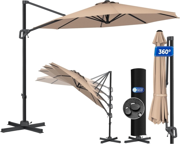 KESSER® Sonnenschirm Ampelschirm SUN Rund XL Ø330 cm Inkl. Abdeckung + Windsicherung 7-Fach Verstellbar Drehbar Neigbar Kippbar Groß 360° Drehbar Gartenschirm mit Kurbel Sonnenschutz UV50+ Taupe, Ohne LED