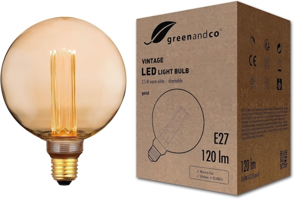 greenandco LED Vintage Glühbirne zur Stimmungsbeleuchtung | dimmbar | E27 G125 | gold | 3,5W 120lm | 1800K extra warmweiß | 320° | 230V | flimmerfrei | Edison Glühbirne