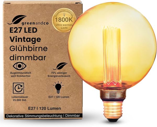 greenandco LED Vintage Glühbirne zur Stimmungsbeleuchtung | dimmbar | E27 G125 | gold | 3,5W 120lm | 1800K extra warmweiß | 320° | 230V | flimmerfrei | Edison Glühbirne