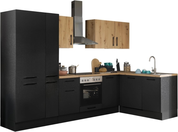 Turin L Eckküche 310 x 211 x 60 cm, schwarz - Ohne Küchengeräte - Moderne, geräumige Küche in Artisan-Eiche Optik mit viel Stauraum