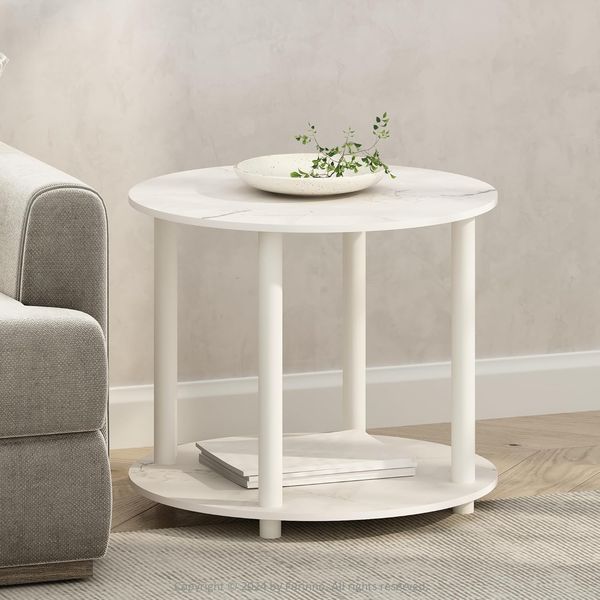 Furinno Turn-N-Tube Einfaches Design 2-stufiger runder Beistelltisch aus Holz, Marmor Weiß