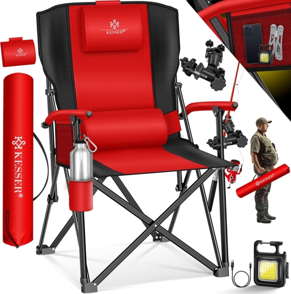 KESSER® Campingstuhl faltbar bis 160 kg | Angelstuhl Faltstuhl Klappstuhl Gepolstert mit Armlehnen | Campinglicht und Getränkehalter + Tasche mit hoher Rückenlehne | Strandstuhl mit Angelhalterung Rot / Schwarz