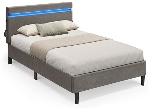 Vasagle Doppelbett mit LED-Beleuchtung, USB- und TYPE-C Anschluss, Vlies dunkelgrau, 90x190 cm