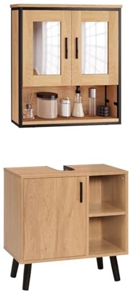 EUGAD Badmöbel-Set, (2-St), Unterschrank mit Tür und 2 offenen Ablagen, Badschrank mit 2 Spiegeln